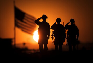 Fototapeta premium Soldiers salute at sunset, a solemn tribute with the American flag in the background.