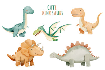 Watercolor set of cute baby dinosaurs. Tyrannosaurus, Triceratops, Pterodactyl, Brontosaurus, Stegosaurus