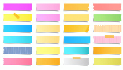 Realistic sticky paper post notes, colored sticker tags, adhesive memo stripes with sheets, office reminder labels, multicolor sticky notes design