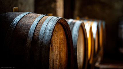 Wooden barrels stacked indoors with intricate metal bands, capturing warm light shining on aged wood in a rustic setting perfect for wine or whiskey storage.