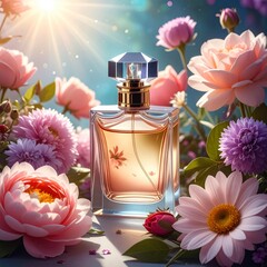 Floral Perfume Bottle, Beautiful Roses, Sunlight, Fragrance.