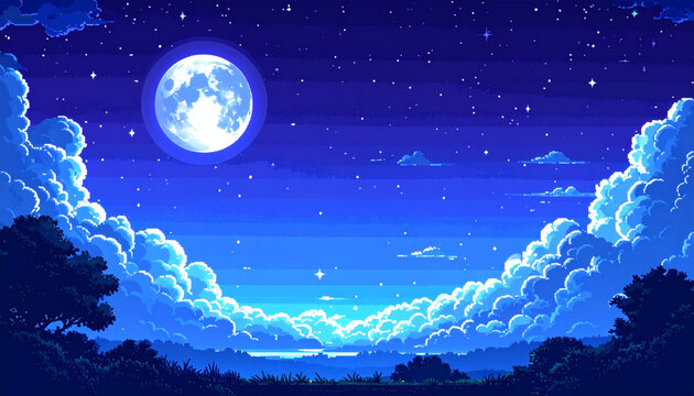 Retro 8-bit pixel night sky with stars and moon on white background, vintage pixel starry night, 8-bit moonlit sky illustration, retro pixel art night scene
