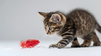 Playful Chubby Kitten Chasing a Red Feather