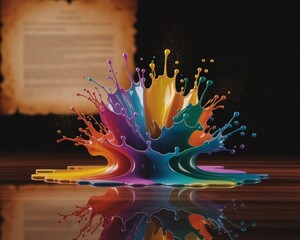 Colorful paint splash with reflection and blurred background.