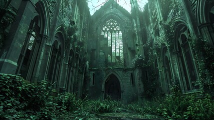 Overgrown Gothic Cathedral Enveloped in Ivy