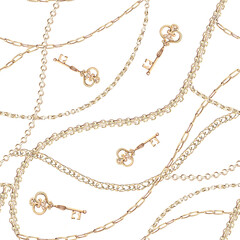 Seamless pattern with gold chains and a key. Isolated watercolor illustration for jewelry packaging design, fabric printing, window dressing, discount coupons, and New Year's cards.