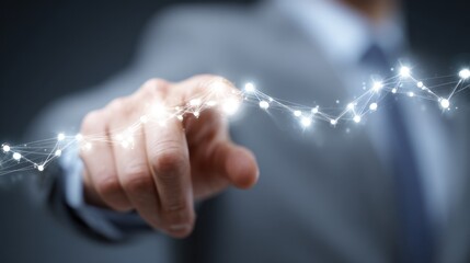 Business professional using digital technology to connect data points with gestures, symbolizing innovation, progress, and the future of analytics and decision-making strategies.