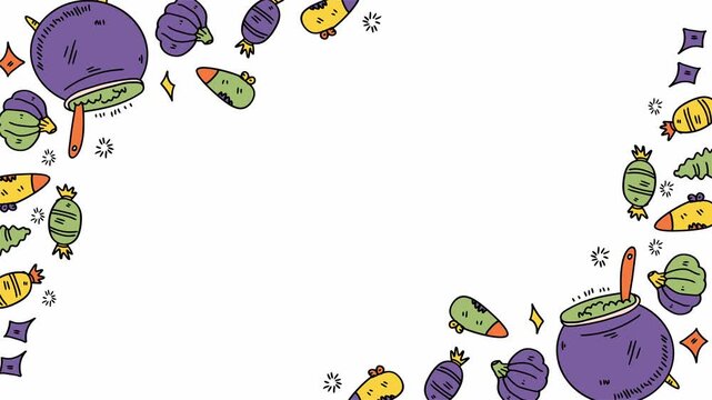 Halloween cauldron sweets border doodle design with white background