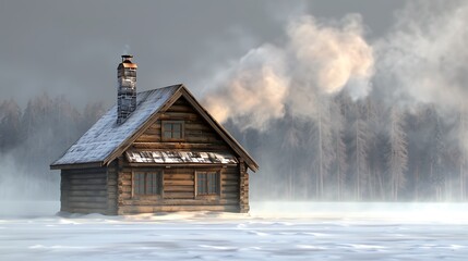 Rustic Wooden Cabin in a Snowy Wilderness Setting