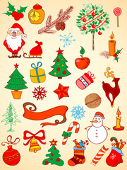 A collection of handdrawn Christmasthemed illustrations on a light tan background