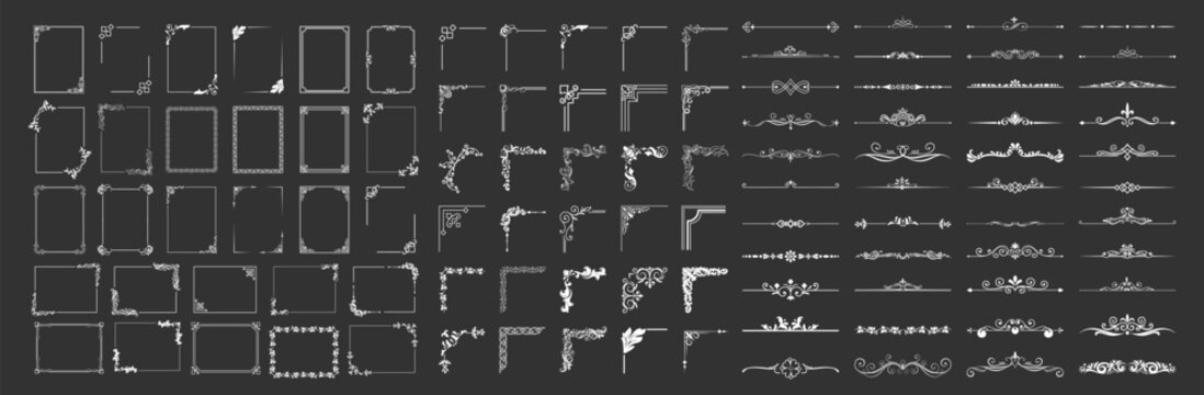 Decorative corner frames set. Vintage ornamental borders and elegant design elements for wedding or invitation. Vector collection on transparent background