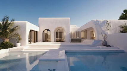 A beautiful and modern white architecture house in a desert setting, featuring outdoor swimming pools and stunning landscapes. - Powered by Adobe