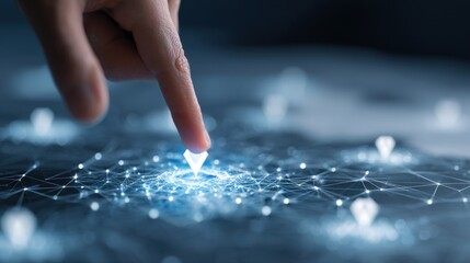 Hand Pointing at a Digital Network with Geometric Shapes and Light Effects, Symbolizing Technology, Connectivity, and Future Innovation