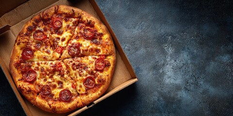Delicious pepperoni pizza in a cardboard box, perfect for food blogs, restaurant menus, and advertising.