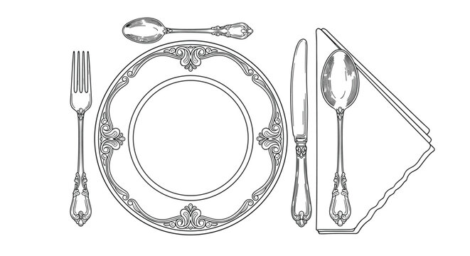 A beautifully illustrated formal dining setting with a decorative plate silverware and a folded napkin.