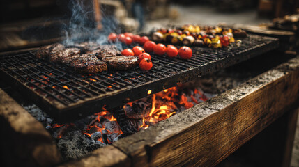 Grilling meat and vegetables on a barbecue with smoke rising and hot coals creating a vibrant outdoor cooking atmosphere.