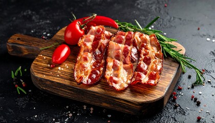 Crispy bacon slices on a wooden board