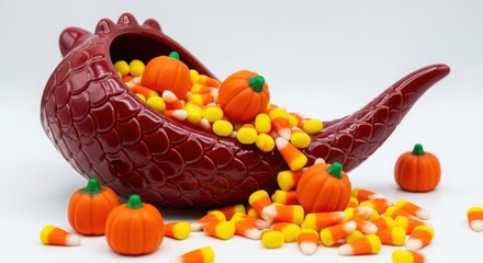 A bowl of halloween candy, including candy corn and pumpkinshaped candies