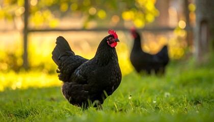Two black hens in a grassy field at sunset