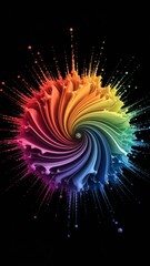 Colorful splash of paint swirling in a spiral against a black background.