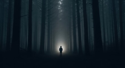 Silhouette of a person standing in a dark, foggy forest with light behind them