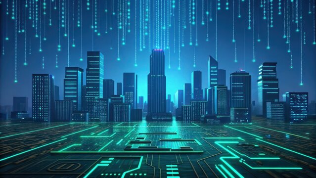 Futuristic digital city skyline with glowing circuit board patterns and falling binary code streams