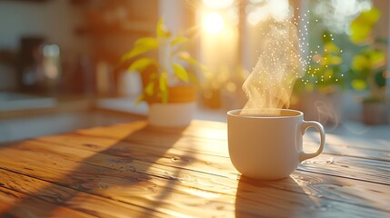 Steaming Coffee Cup on a Rustic Wooden Table