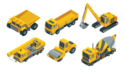 Isometric icon set of yellow road construction machinery vector illustration © the8monkey