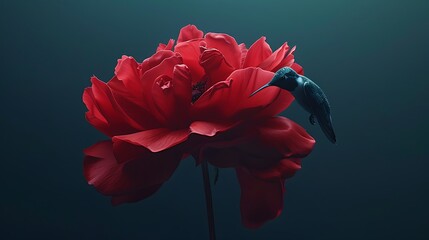 Tiny Hummingbird Hovering Near a Vibrant Red Flower