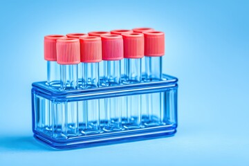 Rows of clear glass test tubes with bright red caps arranged neatly on a blue background symbolizing innovation in medical diagnostics and laboratory precision captured in a modern scientific