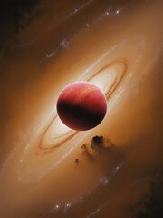 Cosmic Crimson Planet with Rings and Celestial Dust in Space.