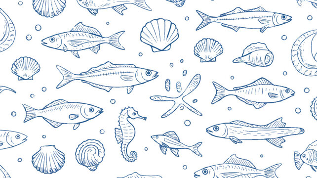 A seamless pattern of hand drawn sea life including various fish shells and a seahorse on white background