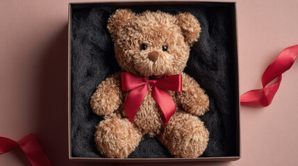 Stuffed teddy bear with red bow resting in a gift box lined with soft black material, perfect for children’s gifts or cozy decorations on a pastel background.