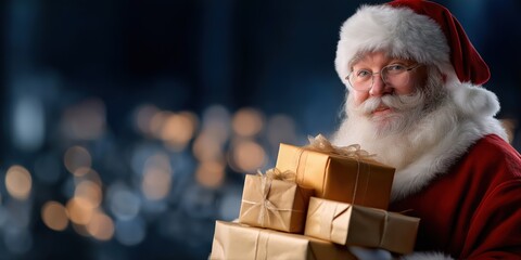 Smiling caucasian male adult in santa costume holding wrapped gifts