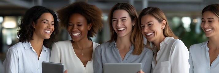 Diverse women collaborating: young caucasian and african adults smiling in office setting
