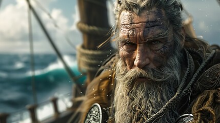 Viking Warrior Commanding a Ship at Sea