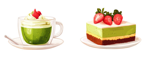 Green matcha latte with whipped cream and strawberry and a matcha cake with strawberries isolated on transparent background