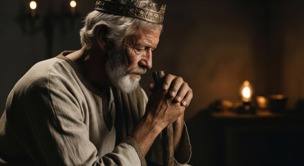 Elderly King David, crowned and in prayer, holds his shepherd's staff. A biblical concept of humility, reflection, and life's legacy.