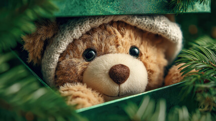Teddy bear peeking out from a gift box surrounded by green evergreen branches and festive decorations in a cozy holiday setting.