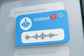 Blue chatbot voice message notification with waveform icon in speech bubble interface
