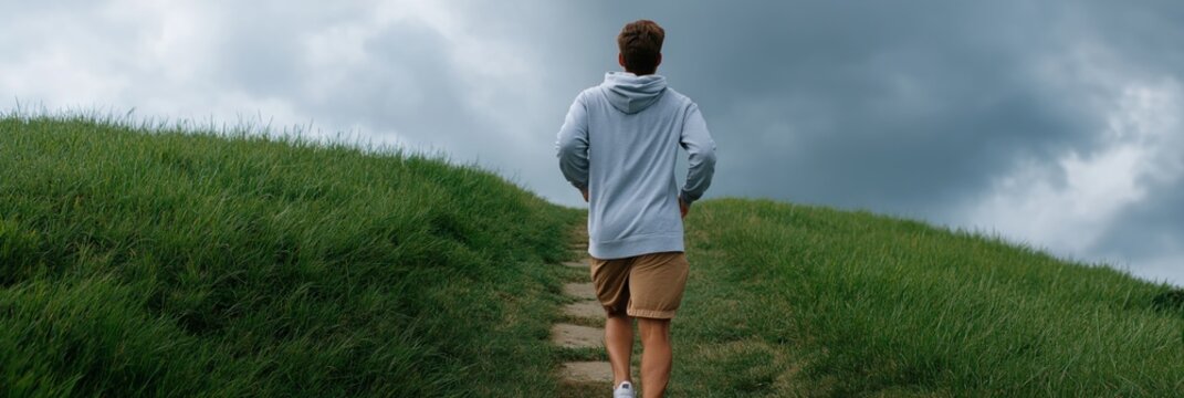 Young caucasian male walking on grassy path under cloudy sky