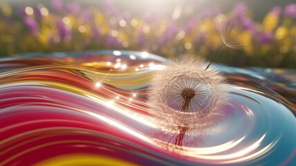 Dandelion seed head floating on colorful liquid surface with blurred background.