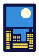 Vibrant Night City Lights and Bright Full Moon through Window
