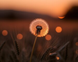 Dandelion seed head silhouette against a sunset sky with bokeh effect.