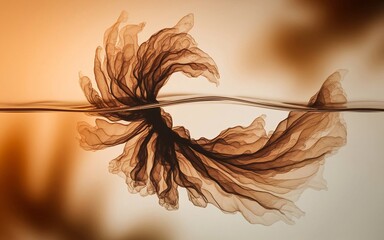 Delicate brown leaf floating on the water surface with reflection.