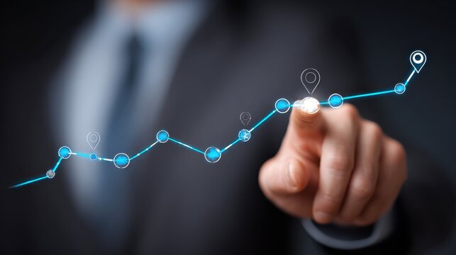 Business professional touching upward trend line on digital interface, representing growth, analytics, innovation, and technology in a corporate environment