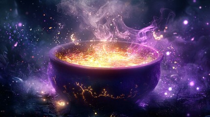 Mysterious Cauldron with Glowing Substance and Enchanting Smoke in a Fantasy Setting Ideal for Magical Themes and Creative Illustrations or Designs