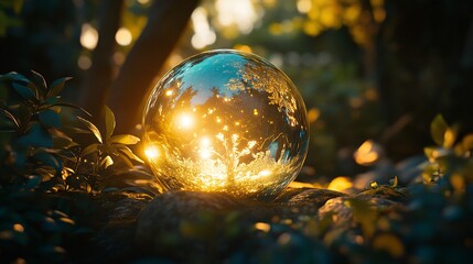 Enchanting Transparent Sphere Reflecting Nature's Bounty and Warm Glow of Sunlight in Serene Forest Setting with Lush Green Plants Surrounding It