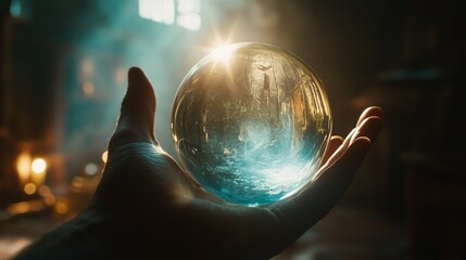 Mystical Crystal Ball Held in Hand with Glimmering Reflections and Atmospheric Light Creating Enigmatic Vibes in a Dimly Lit Enchanting Setting
