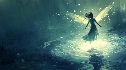 Enchanting Fantasy Scene with Ethereal Fairy Dancing Over Glowing Water Surrounded by Mystical Forest Atmosphere and Dreamlike Light Effects at Twilight